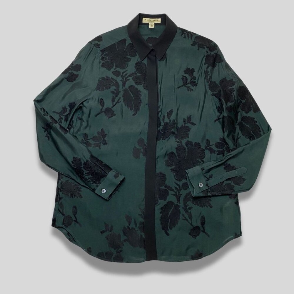 BURBERRY London Button Up Floral Embroidered Green Floral Print Blouse Size 10